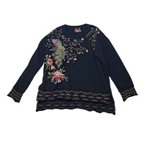 Johnny Was Kaira Sweatshirt Women's Large Black Embroidered Boho Peacock Floral